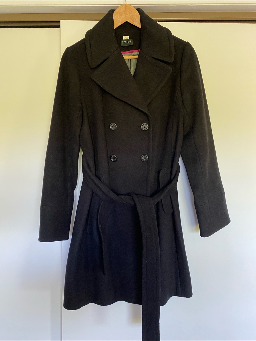 J. Crew Black Double-Breasted Wool Trench Coat with Belt
